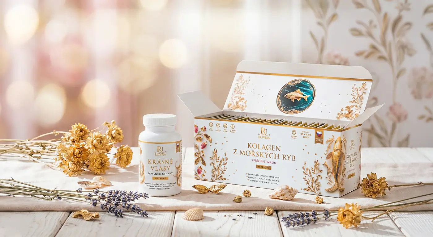 Roveja Krásné Vlasy a mořský kolagen s malinovou příchutí – prémiový doplněk stravy, balení pro podporu vlasů a pleti, produktová fotografie s bylinkami a přírodní dekorací